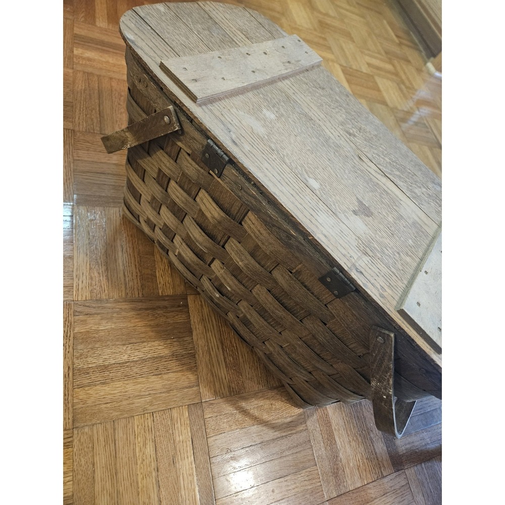 Vintage Woven Wooden Picnic Basket With Picnic Supplies